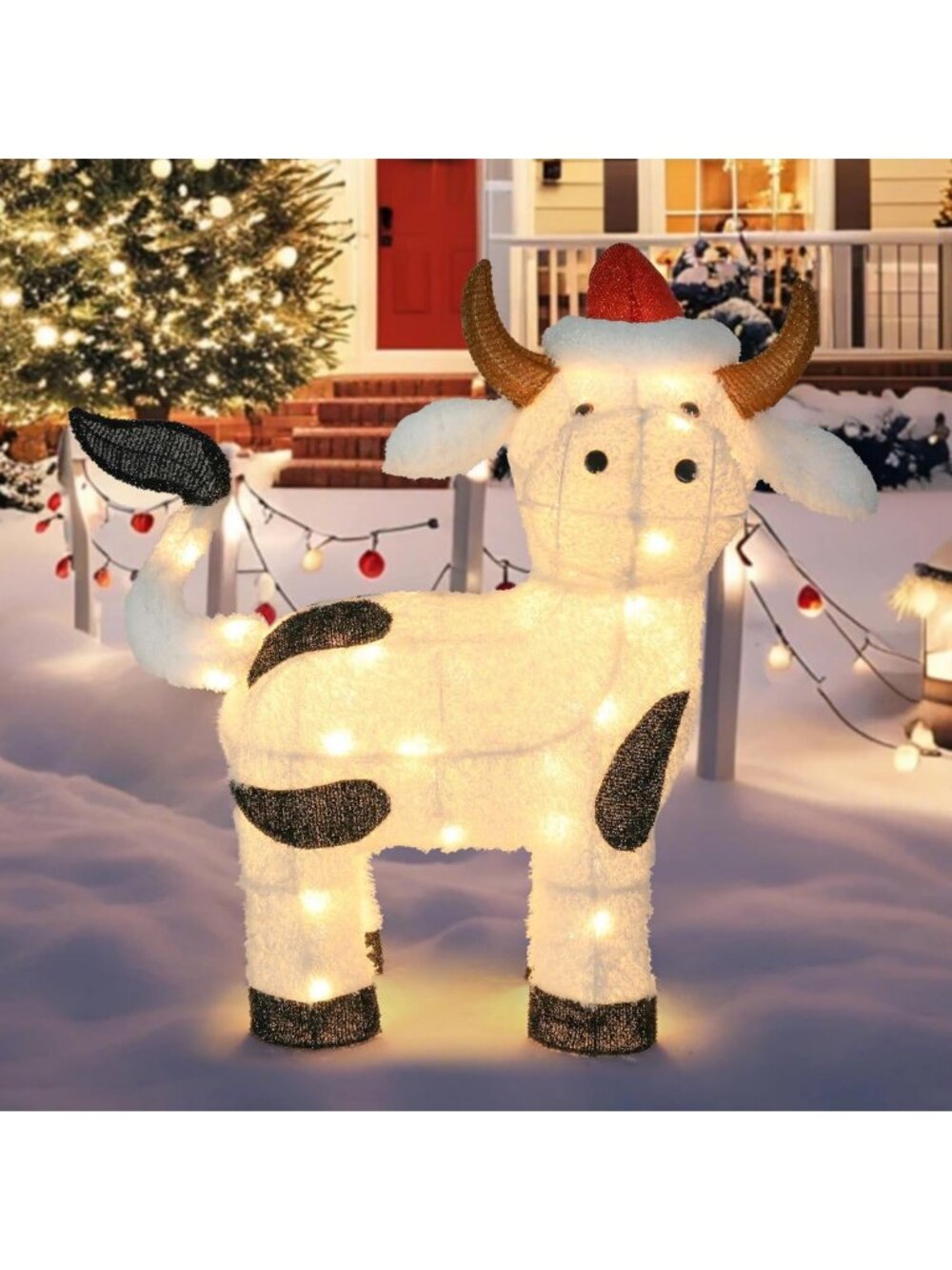 Christmas Cow Outdoor Holiday Decoration, 30" Pre-Lit Cow with Red Santa Hat